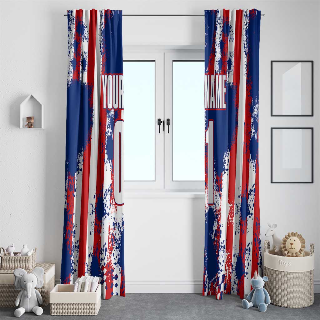 Moto X Skull Graphic Window Curtain with Red White Blue Splatter and Custom Number Design - Wonder Print Shop