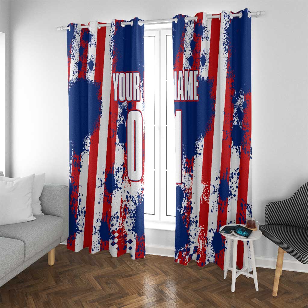 Moto X Skull Graphic Window Curtain with Red White Blue Splatter and Custom Number Design - Wonder Print Shop