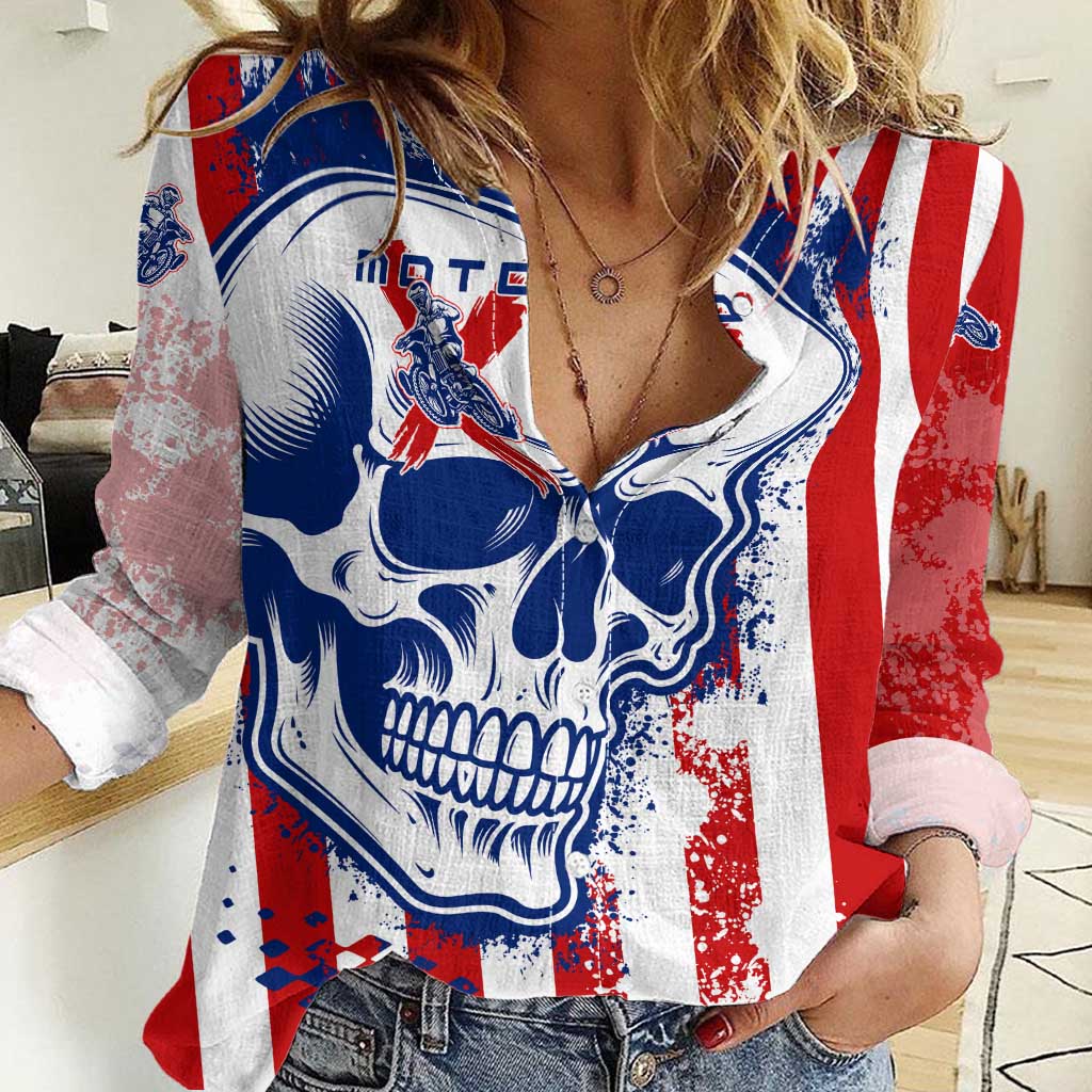 Moto X Skull Graphic Women Casual Shirt with Red White Blue Splatter and Custom Number Design - Wonder Print Shop