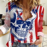 Moto X Skull Graphic Women Casual Shirt with Red White Blue Splatter and Custom Number Design - Wonder Print Shop