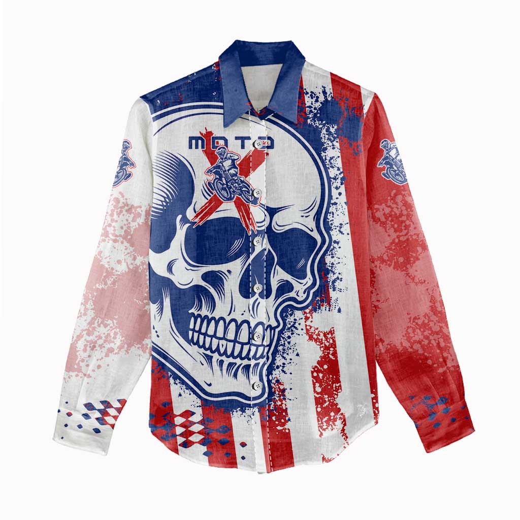 Moto X Skull Graphic Women Casual Shirt with Red White Blue Splatter and Custom Number Design - Wonder Print Shop