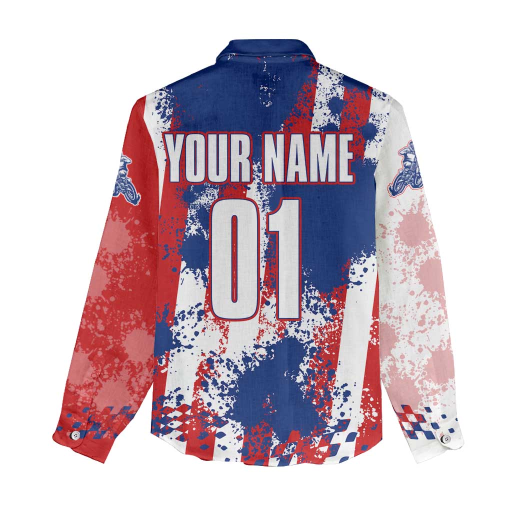 Moto X Skull Graphic Women Casual Shirt with Red White Blue Splatter and Custom Number Design - Wonder Print Shop