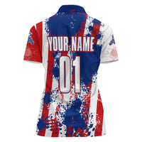 Moto X Skull Graphic Women Polo Shirt with Red White Blue Splatter and Custom Number Design - Wonder Print Shop