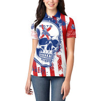 Moto X Skull Graphic Women Polo Shirt with Red White Blue Splatter and Custom Number Design - Wonder Print Shop