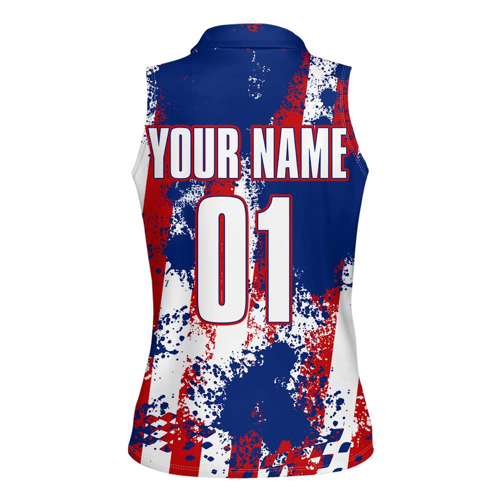 Moto X Skull Graphic Women Sleeveless Polo Shirt with Red White Blue Splatter and Custom Number Design - Wonder Print Shop