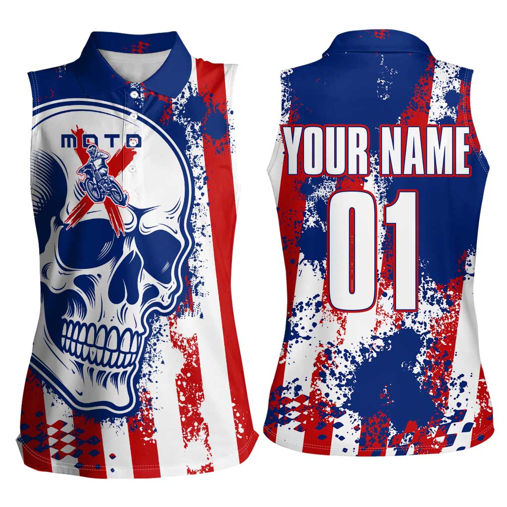 Moto X Skull Graphic Women Sleeveless Polo Shirt with Red White Blue Splatter and Custom Number Design - Wonder Print Shop