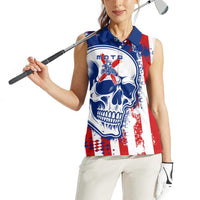 Moto X Skull Graphic Women Sleeveless Polo Shirt with Red White Blue Splatter and Custom Number Design - Wonder Print Shop