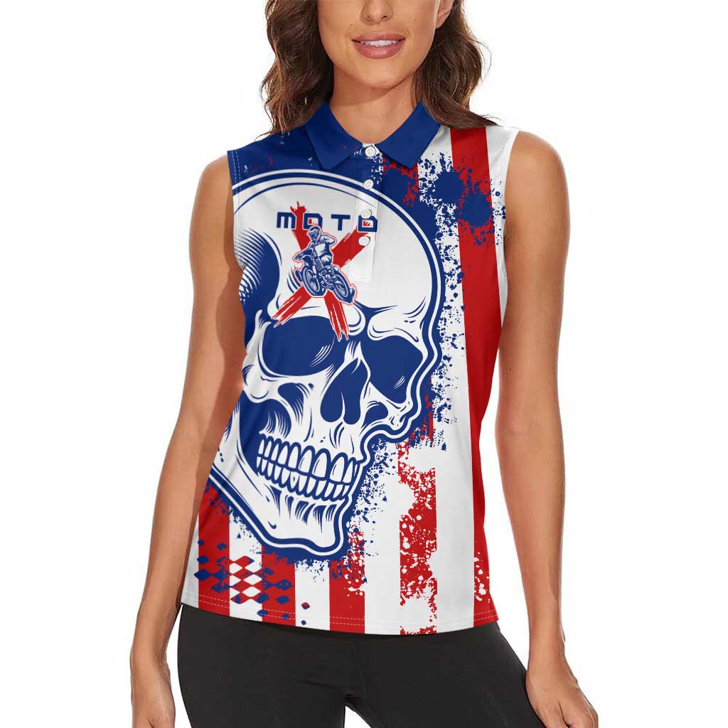 Moto X Skull Graphic Women Sleeveless Polo Shirt with Red White Blue Splatter and Custom Number Design - Wonder Print Shop