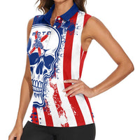 Moto X Skull Graphic Women Sleeveless Polo Shirt with Red White Blue Splatter and Custom Number Design - Wonder Print Shop