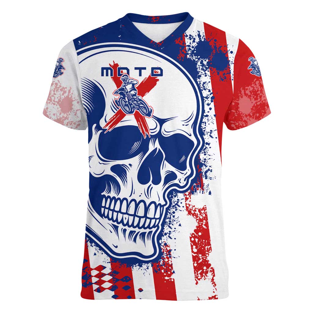 Moto X Skull Graphic Women V-Neck T-Shirt with Red White Blue Splatter and Custom Number Design - Wonder Print Shop
