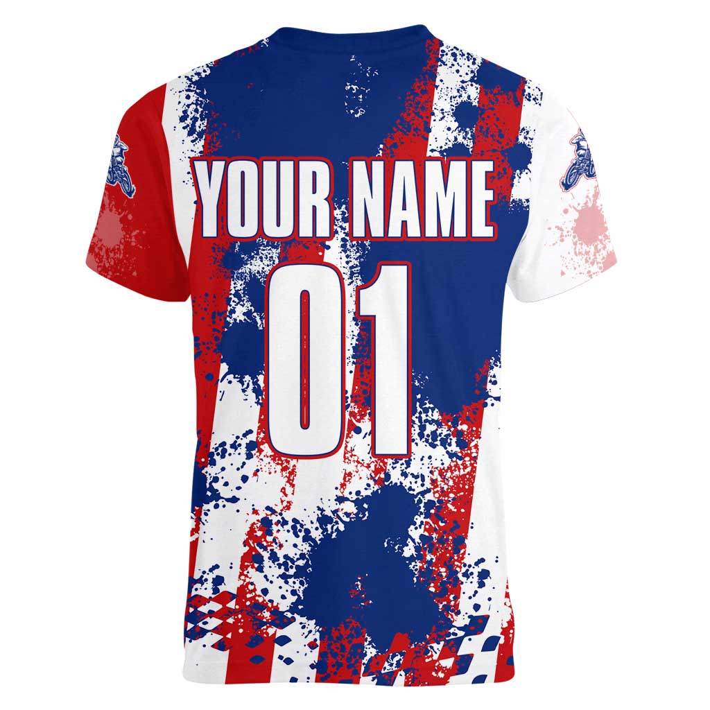 Moto X Skull Graphic Women V-Neck T-Shirt with Red White Blue Splatter and Custom Number Design - Wonder Print Shop