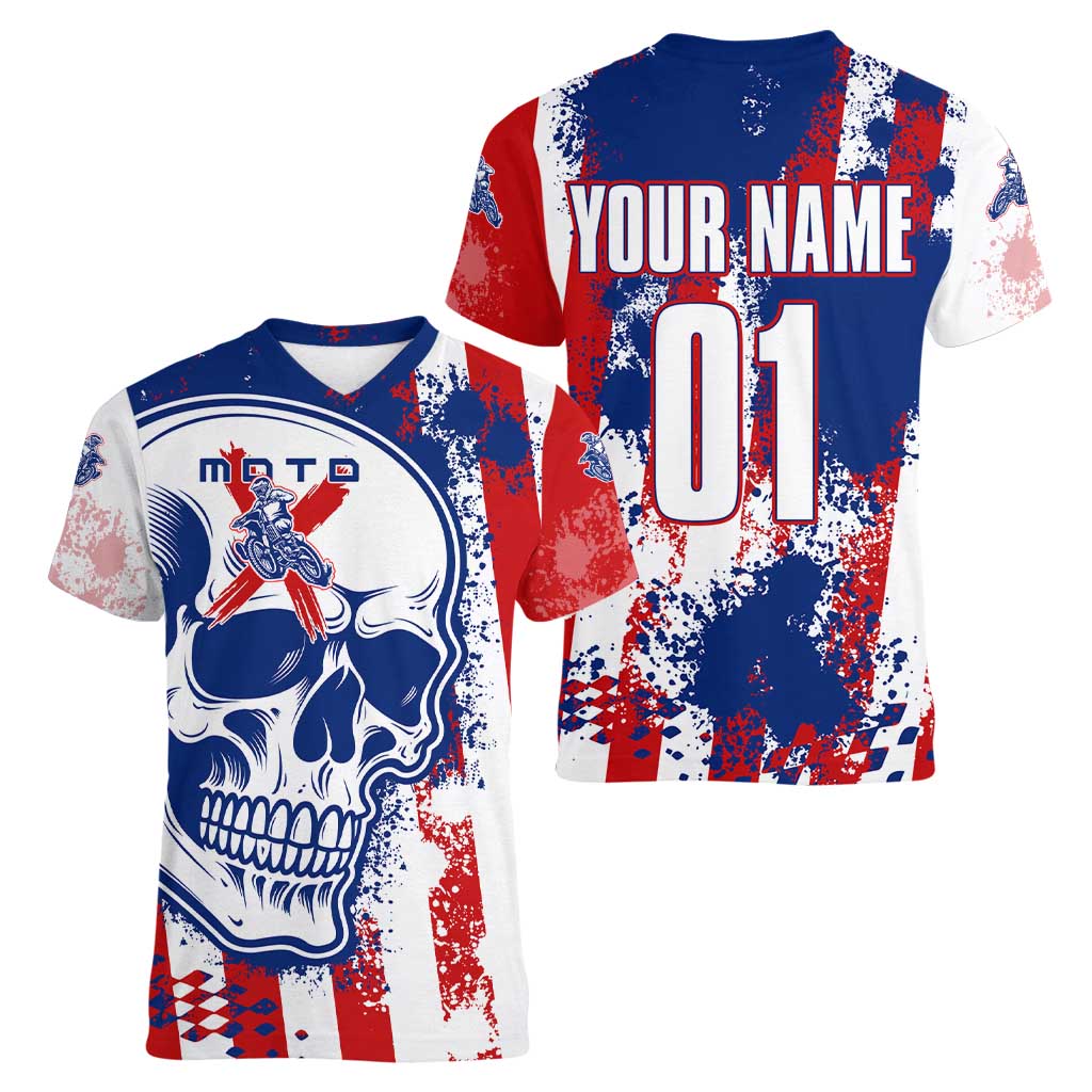 Moto X Skull Graphic Women V-Neck T-Shirt with Red White Blue Splatter and Custom Number Design - Wonder Print Shop
