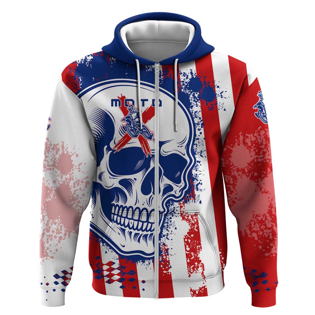 Moto X Skull Graphic Zip Hoodie with Red White Blue Splatter and Custom Number Design - Wonder Print Shop