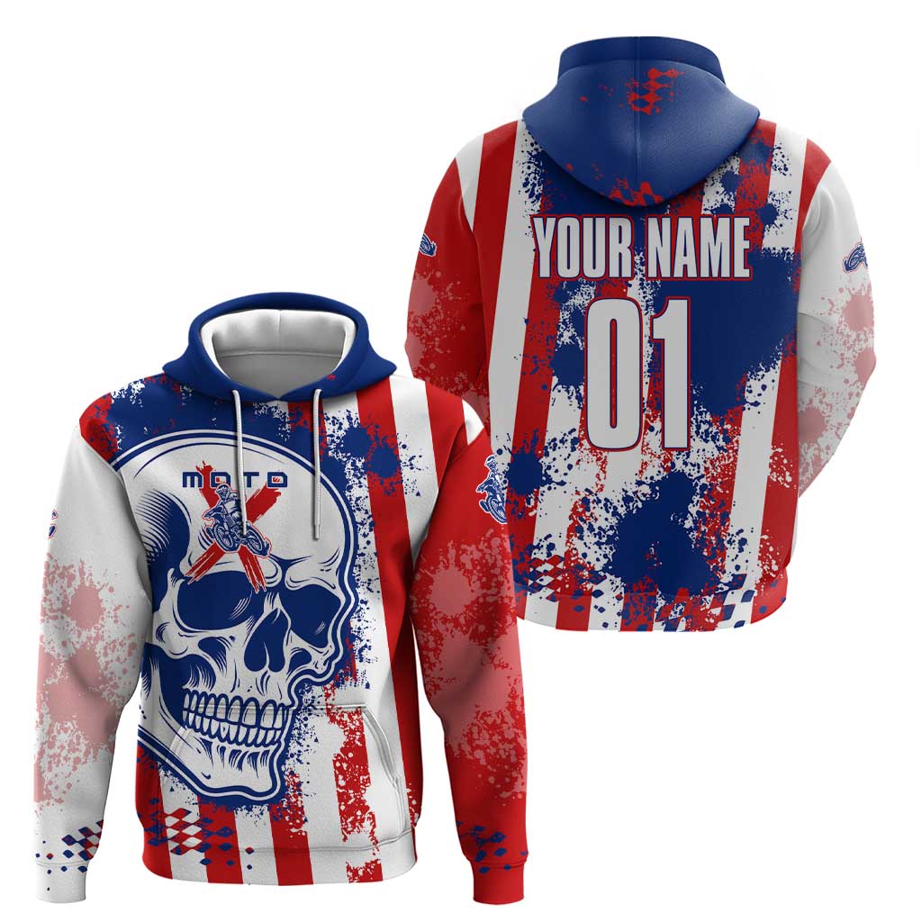 Moto X Skull Graphic Zip Hoodie with Red White Blue Splatter and Custom Number Design - Wonder Print Shop