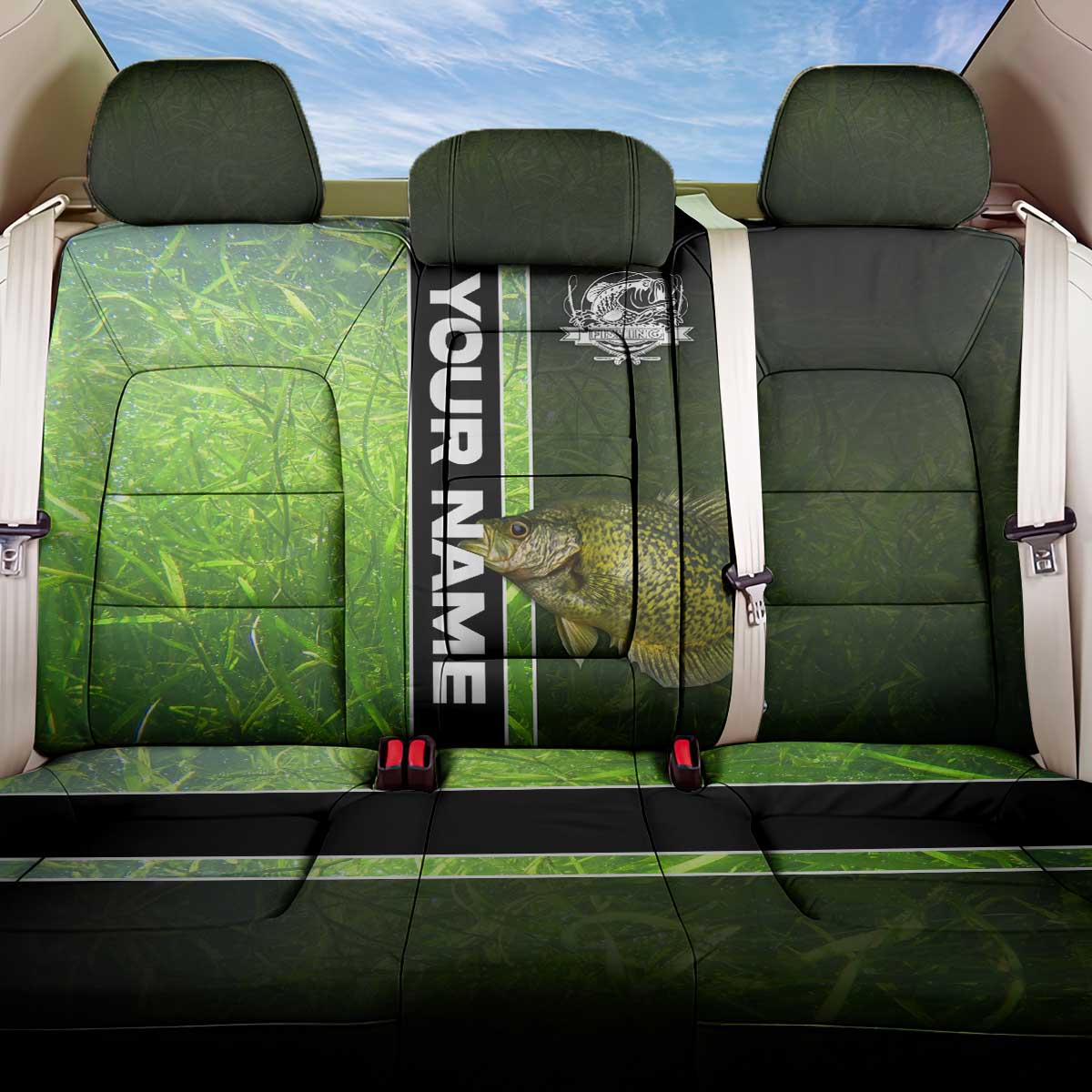 Crappie Fish Green Underwater Graphic Back Car Seat Cover with Custom Name and Fishing Logo Design - Wonder Print Shop