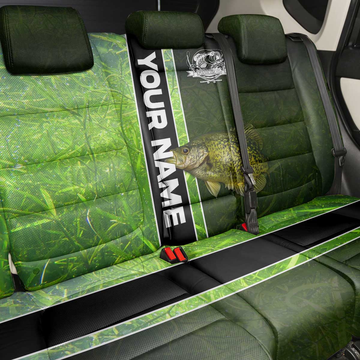 Crappie Fish Green Underwater Graphic Back Car Seat Cover with Custom Name and Fishing Logo Design - Wonder Print Shop
