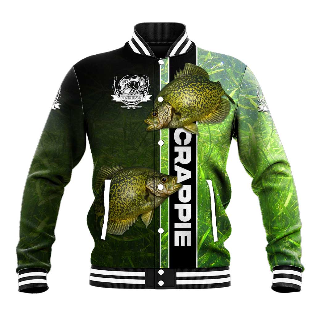 Crappie Fish Green Underwater Graphic Baseball Jacket with Custom Name and Fishing Logo Design - Wonder Print Shop