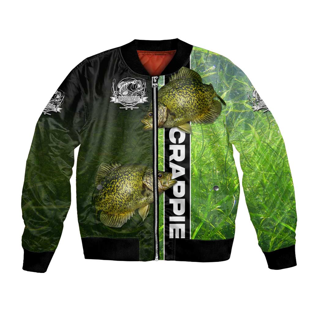Crappie Fish Green Underwater Graphic Bomber Jacket with Custom Name and Fishing Logo Design - Wonder Print Shop