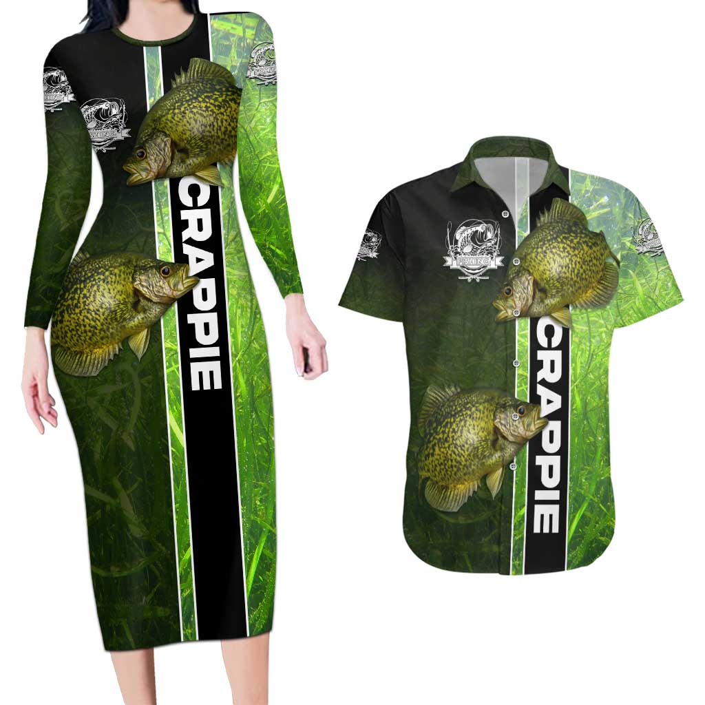 Crappie Fish Green Underwater Graphic Couples Matching Long Sleeve Bodycon Dress and Hawaiian Shirt with Custom Name and Fishing Logo Design - Wonder Print Shop