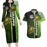 Crappie Fish Green Underwater Graphic Couples Matching Long Sleeve Bodycon Dress and Hawaiian Shirt with Custom Name and Fishing Logo Design - Wonder Print Shop