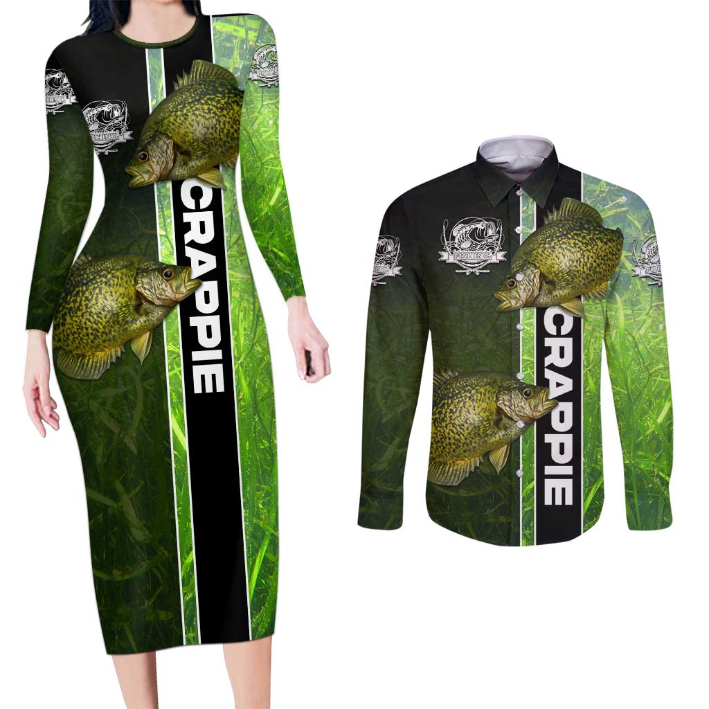 Crappie Fish Green Underwater Graphic Couples Matching Long Sleeve Bodycon Dress and Long Sleeve Button Shirt with Custom Name and Fishing Logo Design - Wonder Print Shop