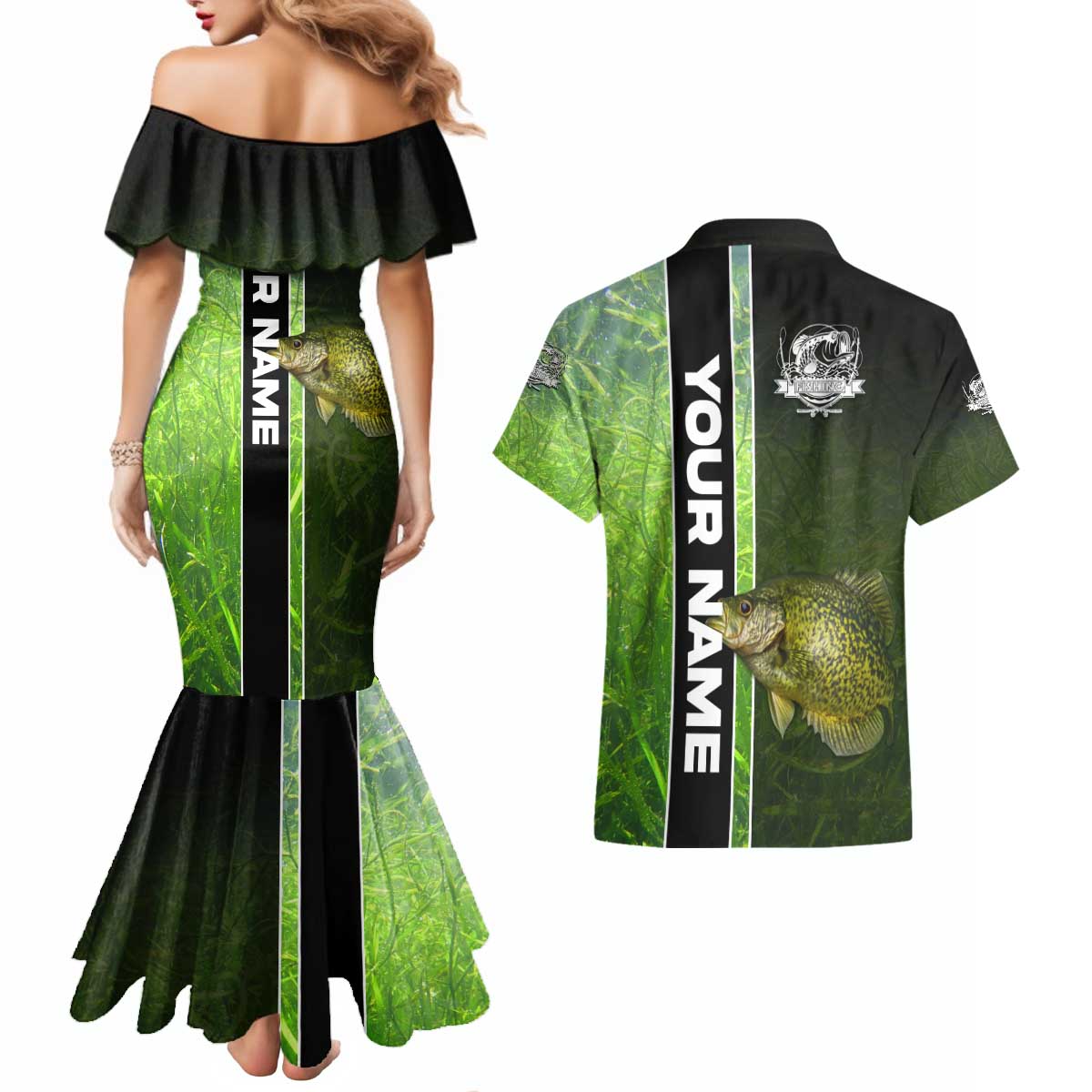 Crappie Fish Green Underwater Graphic Couples Matching Mermaid Dress and Hawaiian Shirt with Custom Name and Fishing Logo Design - Wonder Print Shop