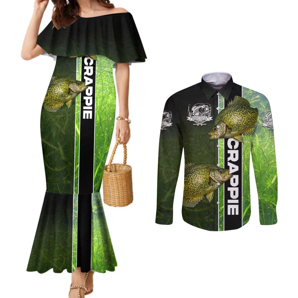 Crappie Fish Green Underwater Graphic Couples Matching Mermaid Dress and Long Sleeve Button Shirt with Custom Name and Fishing Logo Design - Wonder Print Shop