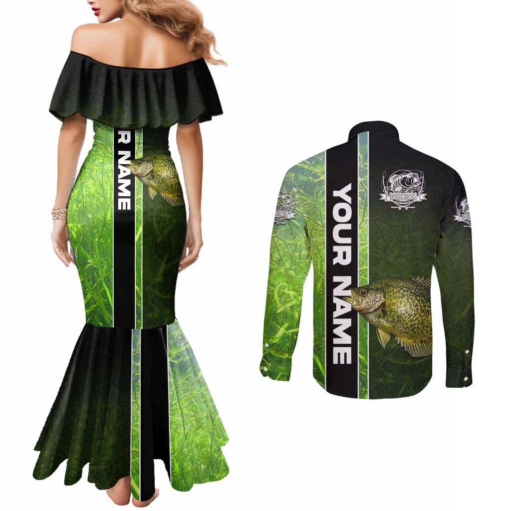 Crappie Fish Green Underwater Graphic Couples Matching Mermaid Dress and Long Sleeve Button Shirt with Custom Name and Fishing Logo Design - Wonder Print Shop