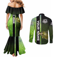 Crappie Fish Green Underwater Graphic Couples Matching Mermaid Dress and Long Sleeve Button Shirt with Custom Name and Fishing Logo Design - Wonder Print Shop