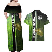 Crappie Fish Green Underwater Graphic Couples Matching Off Shoulder Maxi Dress and Hawaiian Shirt with Custom Name and Fishing Logo Design - Wonder Print Shop