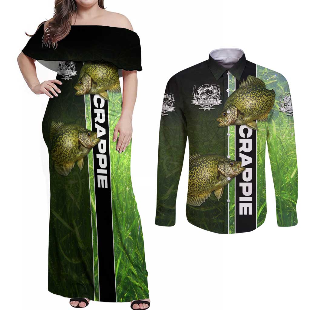 Crappie Fish Green Underwater Graphic Couples Matching Off Shoulder Maxi Dress and Long Sleeve Button Shirt with Custom Name and Fishing Logo Design - Wonder Print Shop