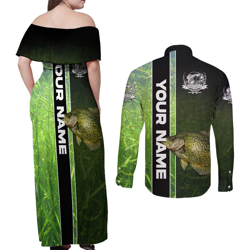 Crappie Fish Green Underwater Graphic Couples Matching Off Shoulder Maxi Dress and Long Sleeve Button Shirt with Custom Name and Fishing Logo Design - Wonder Print Shop