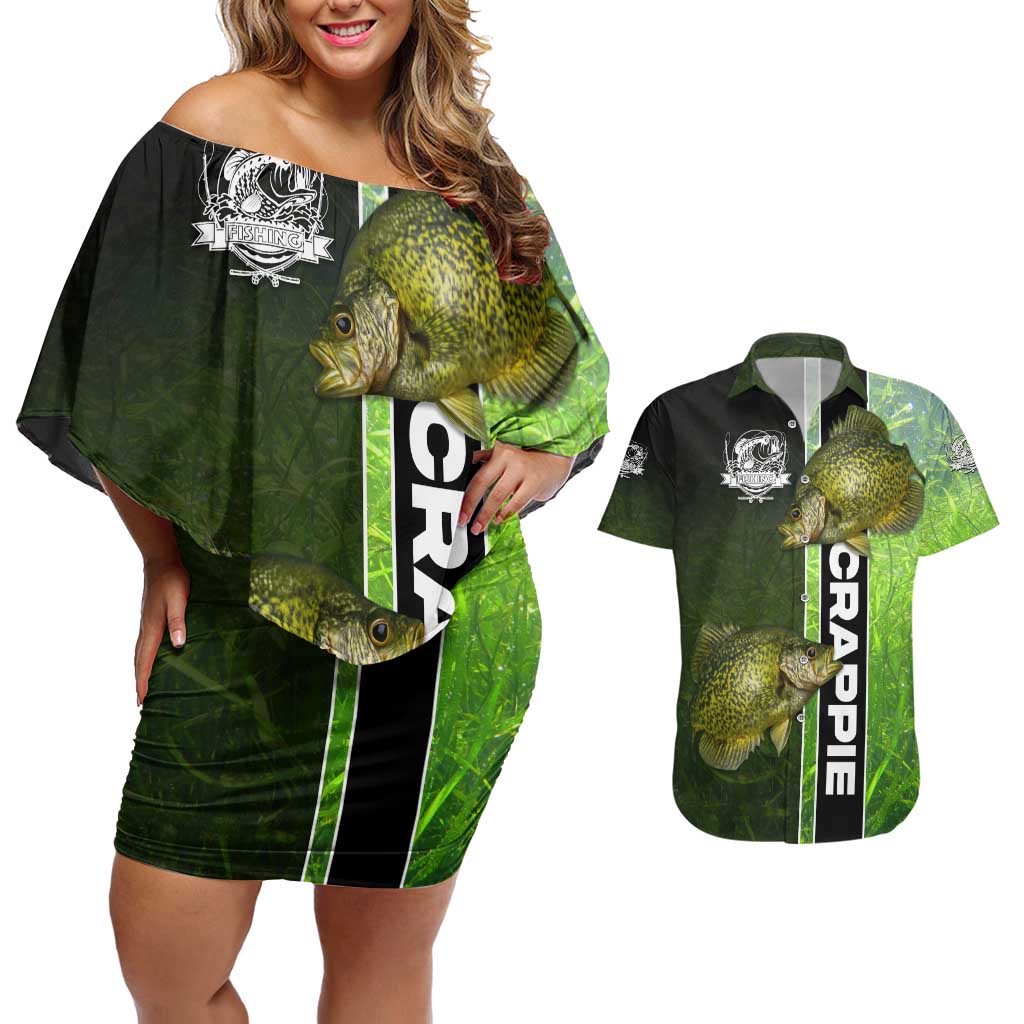 Crappie Fish Green Underwater Graphic Couples Matching Off Shoulder Short Dress and Hawaiian Shirt with Custom Name and Fishing Logo Design - Wonder Print Shop