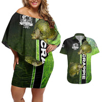 Crappie Fish Green Underwater Graphic Couples Matching Off Shoulder Short Dress and Hawaiian Shirt with Custom Name and Fishing Logo Design - Wonder Print Shop