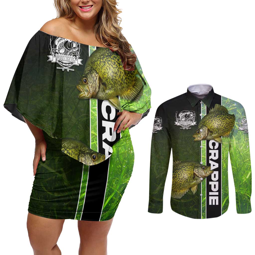 Crappie Fish Green Underwater Graphic Couples Matching Off Shoulder Short Dress and Long Sleeve Button Shirt with Custom Name and Fishing Logo Design - Wonder Print Shop
