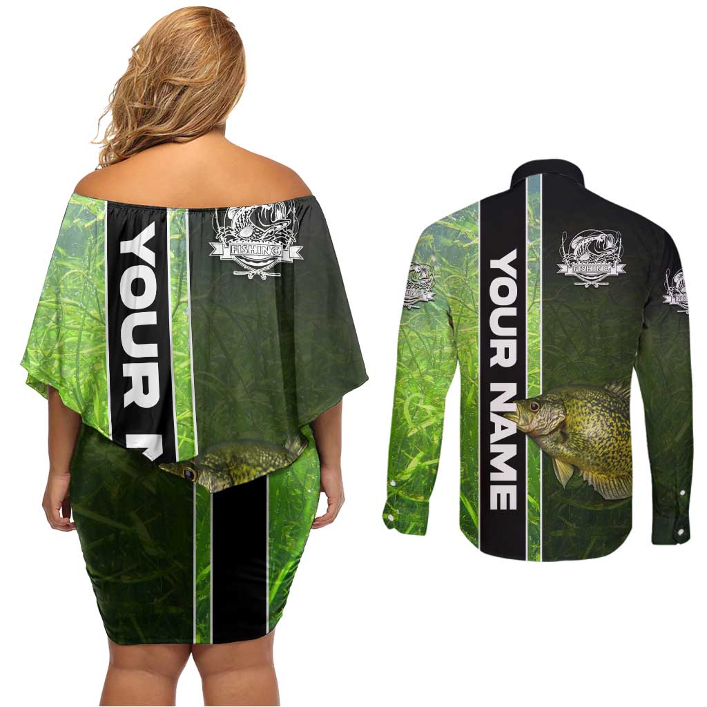 Crappie Fish Green Underwater Graphic Couples Matching Off Shoulder Short Dress and Long Sleeve Button Shirt with Custom Name and Fishing Logo Design - Wonder Print Shop