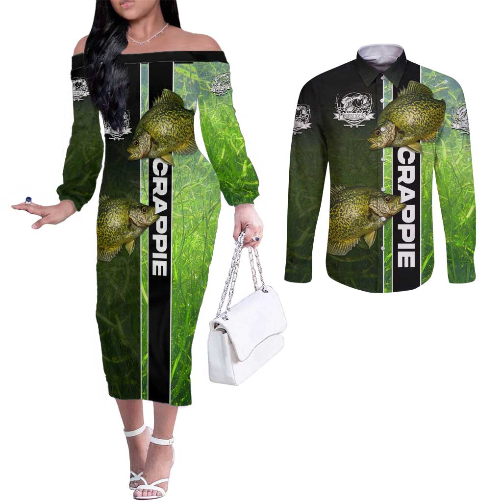 Crappie Fish Green Underwater Graphic Couples Matching Off The Shoulder Long Sleeve Dress and Long Sleeve Button Shirt with Custom Name and Fishing Logo Design - Wonder Print Shop