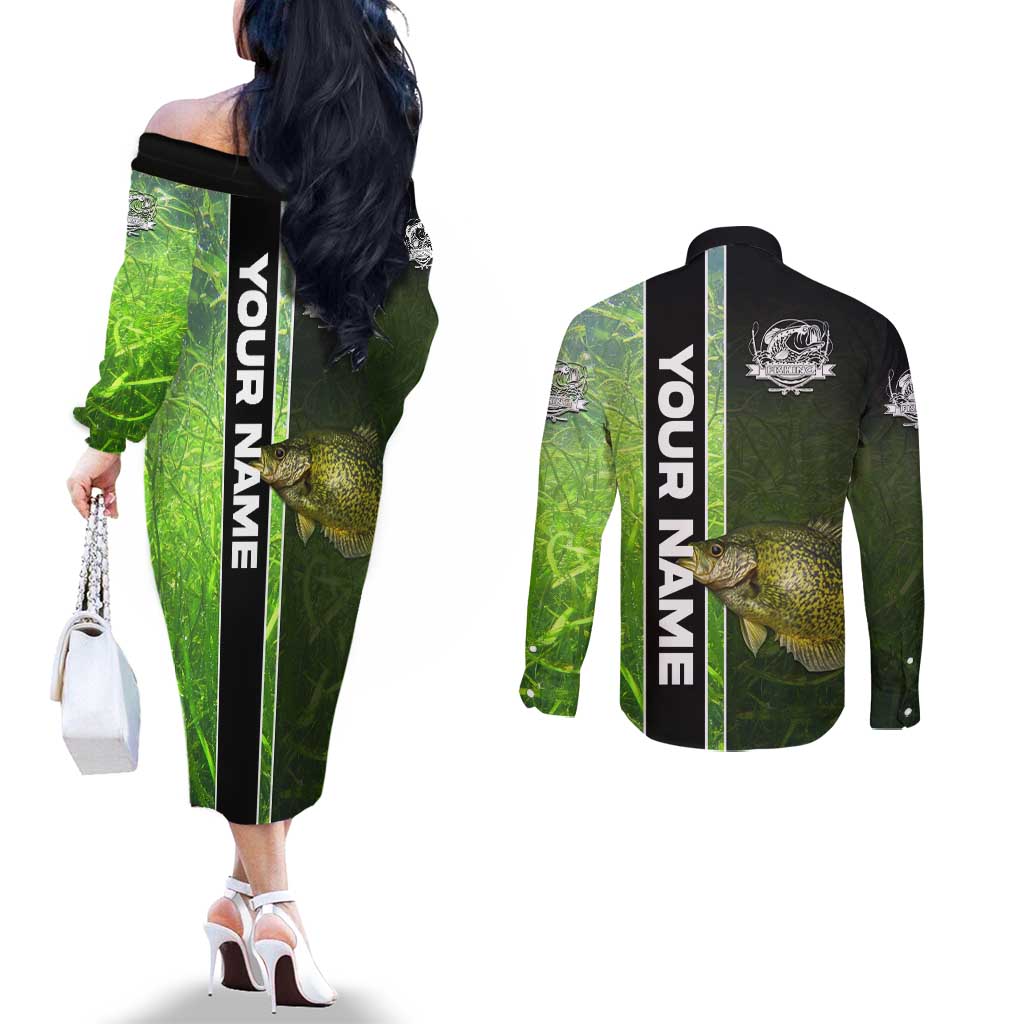 Crappie Fish Green Underwater Graphic Couples Matching Off The Shoulder Long Sleeve Dress and Long Sleeve Button Shirt with Custom Name and Fishing Logo Design - Wonder Print Shop