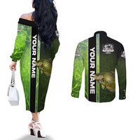 Crappie Fish Green Underwater Graphic Couples Matching Off The Shoulder Long Sleeve Dress and Long Sleeve Button Shirt with Custom Name and Fishing Logo Design - Wonder Print Shop
