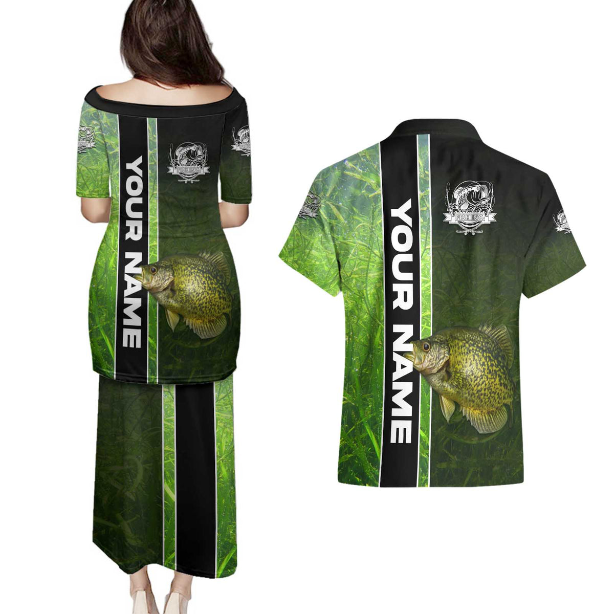 Crappie Fish Green Underwater Graphic Couples Matching Puletasi and Hawaiian Shirt with Custom Name and Fishing Logo Design - Wonder Print Shop