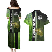 Crappie Fish Green Underwater Graphic Couples Matching Puletasi and Hawaiian Shirt with Custom Name and Fishing Logo Design - Wonder Print Shop