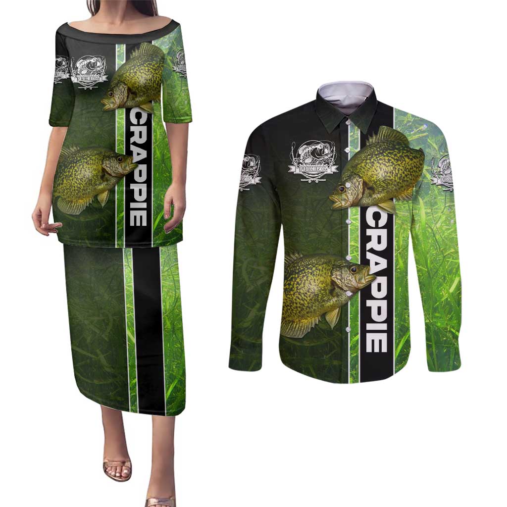 Crappie Fish Green Underwater Graphic Couples Matching Puletasi and Long Sleeve Button Shirt with Custom Name and Fishing Logo Design - Wonder Print Shop