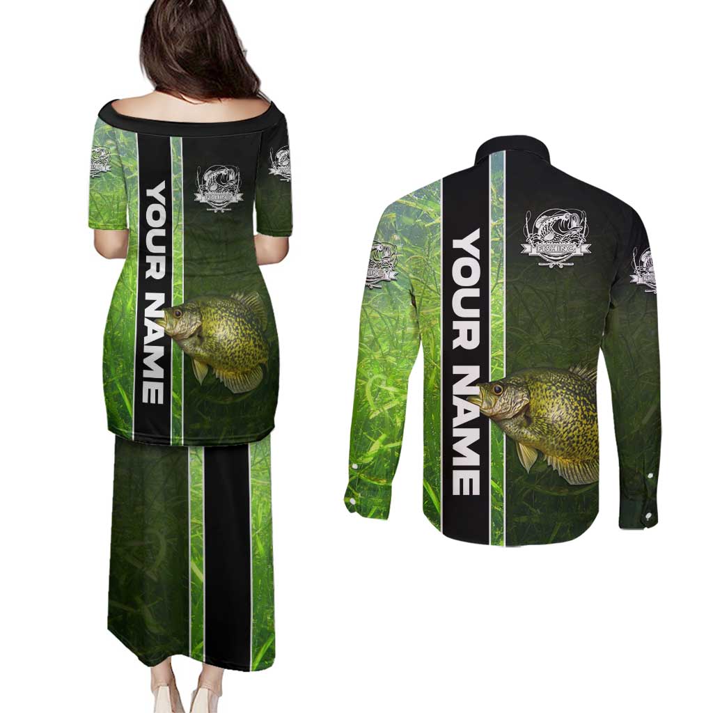 Crappie Fish Green Underwater Graphic Couples Matching Puletasi and Long Sleeve Button Shirt with Custom Name and Fishing Logo Design - Wonder Print Shop