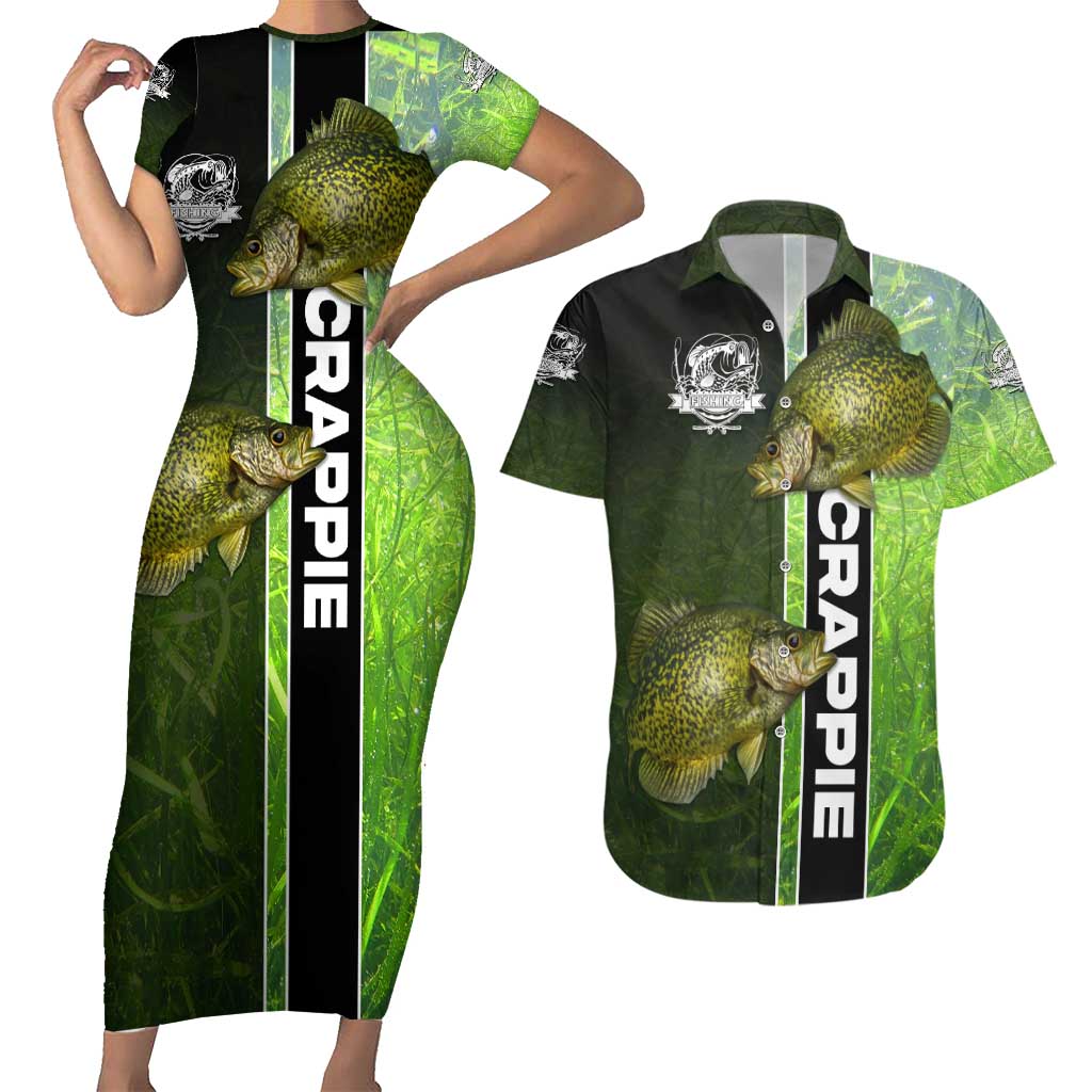 Crappie Fish Green Underwater Graphic Couples Matching Short Sleeve Bodycon Dress and Hawaiian Shirt with Custom Name and Fishing Logo Design - Wonder Print Shop