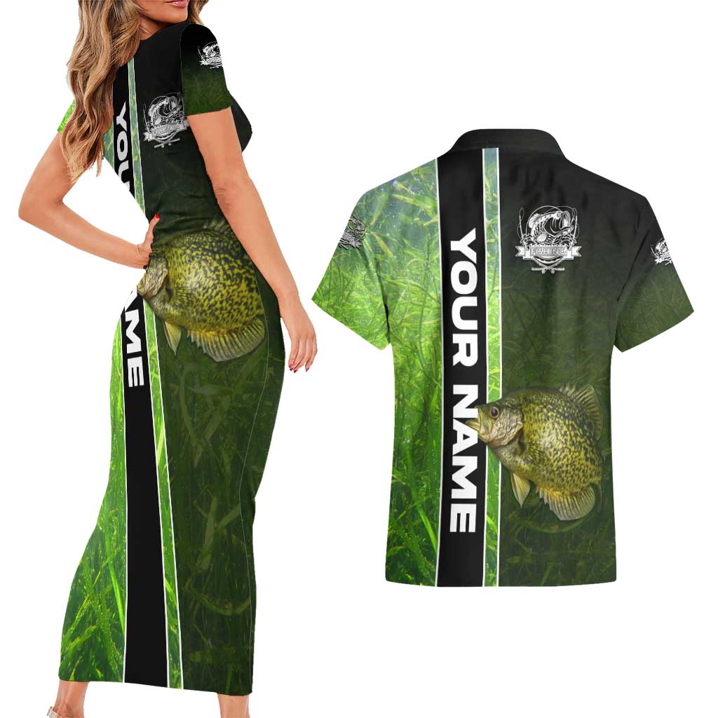 Crappie Fish Green Underwater Graphic Couples Matching Short Sleeve Bodycon Dress and Hawaiian Shirt with Custom Name and Fishing Logo Design - Wonder Print Shop