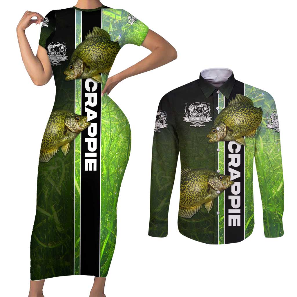 Crappie Fish Green Underwater Graphic Couples Matching Short Sleeve Bodycon Dress and Long Sleeve Button Shirt with Custom Name and Fishing Logo Design - Wonder Print Shop