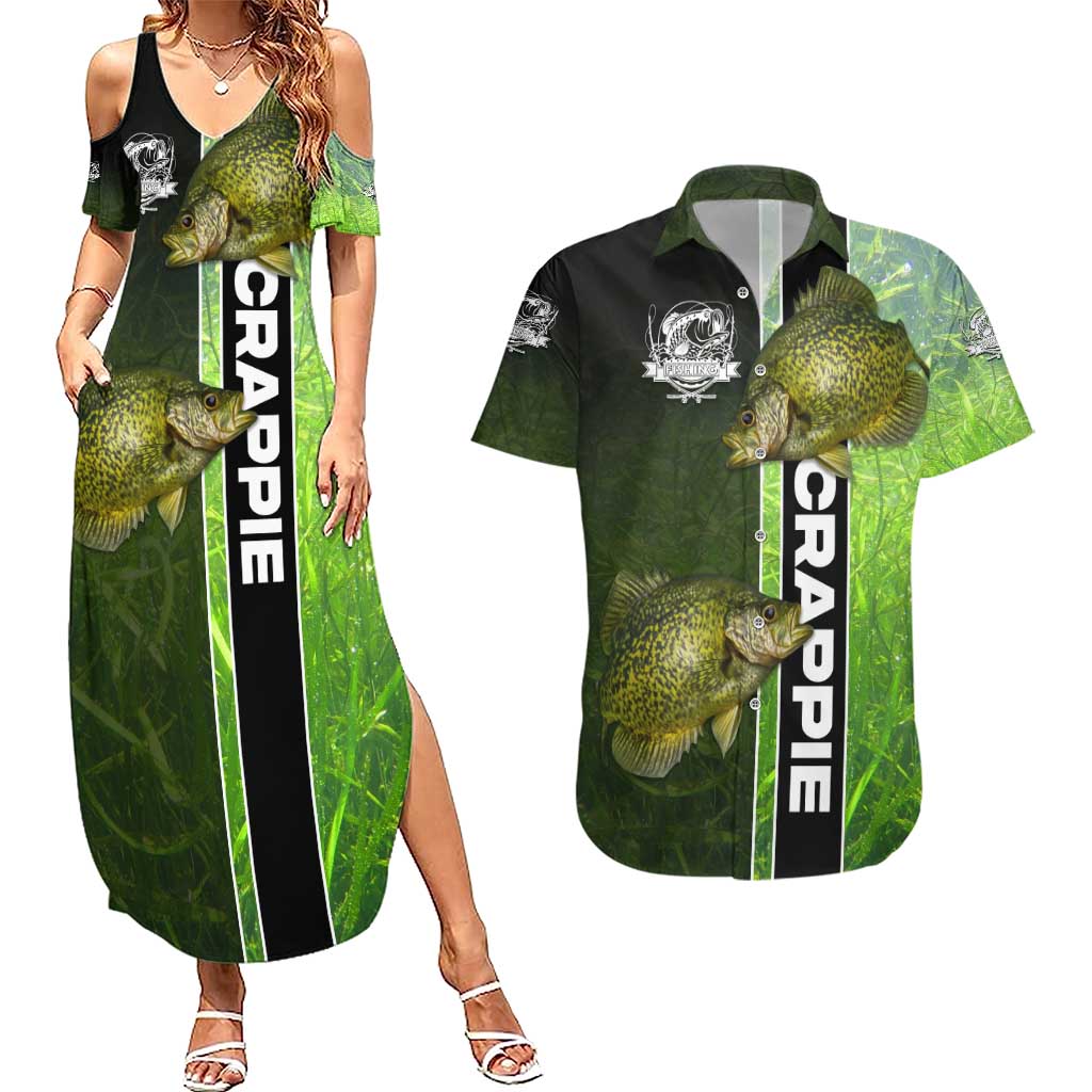 Crappie Fish Green Underwater Graphic Couples Matching Summer Maxi Dress and Hawaiian Shirt with Custom Name and Fishing Logo Design - Wonder Print Shop
