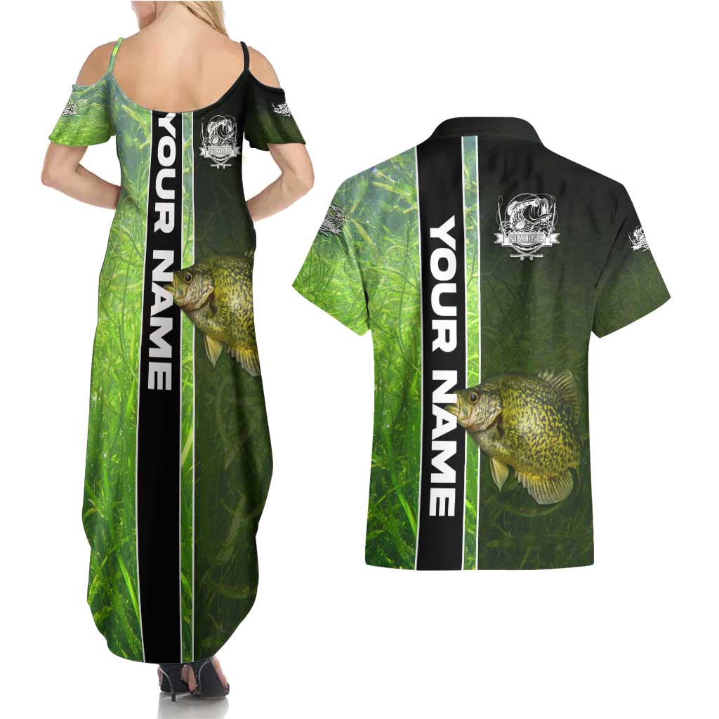 Crappie Fish Green Underwater Graphic Couples Matching Summer Maxi Dress and Hawaiian Shirt with Custom Name and Fishing Logo Design - Wonder Print Shop