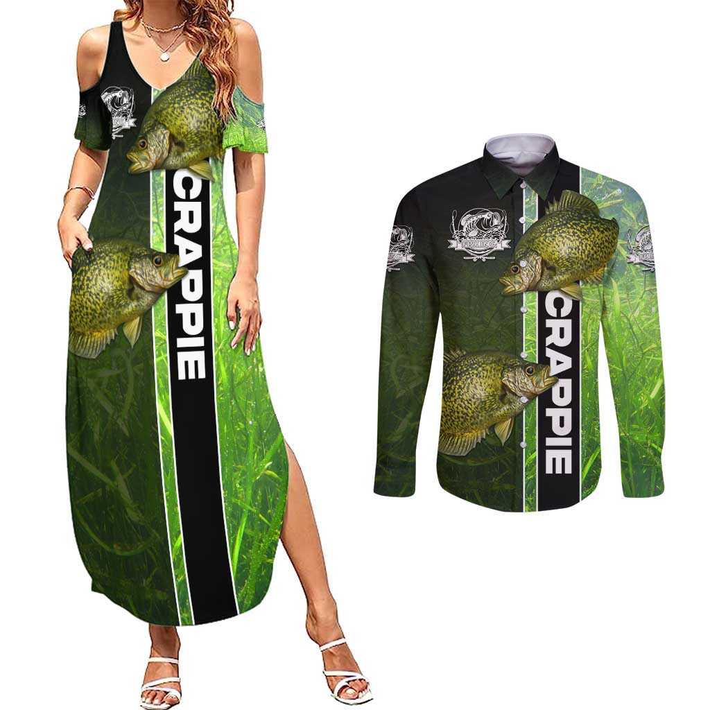 Crappie Fish Green Underwater Graphic Couples Matching Summer Maxi Dress and Long Sleeve Button Shirt with Custom Name and Fishing Logo Design - Wonder Print Shop