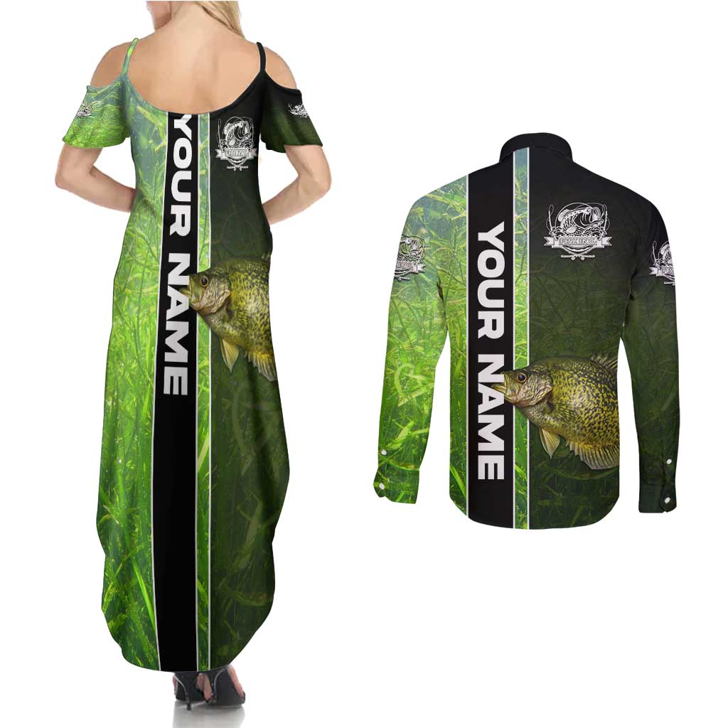 Crappie Fish Green Underwater Graphic Couples Matching Summer Maxi Dress and Long Sleeve Button Shirt with Custom Name and Fishing Logo Design - Wonder Print Shop